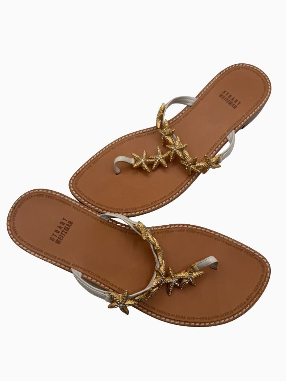Stuart Weitzman Starfish Sandals Women 9 White Leather Gold Crystal Thong Slides